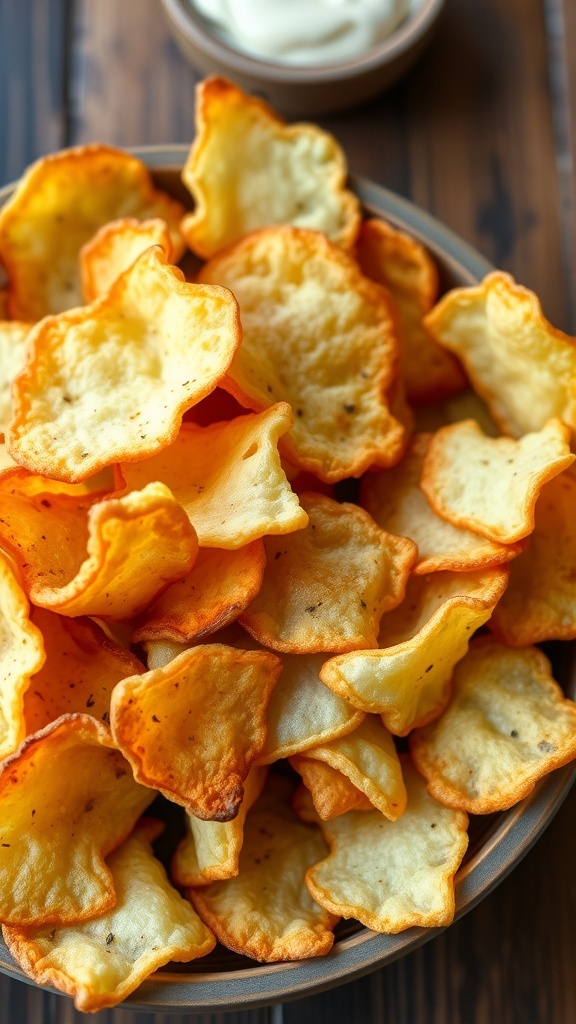 A bowl of crispy homemade potato chips with a side of dip on a wooden table.